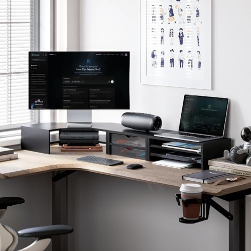 Fenge Dual Monitor Stand, Corner Desk Shelf with Drawer & Slide-Out Tray - Image 2
