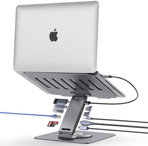 Laptop Docking Station for MacBook Pro/Air/Dell/HP/Surface HC 11-in-1 USB C Hub 360°Rotatable Laptop Stand with USB Hub 4K HDMI USB 3.0 PD100W 3.5mm Audio Jack RJ 45 TF/SD Reader Universal Laptop Dock by HC