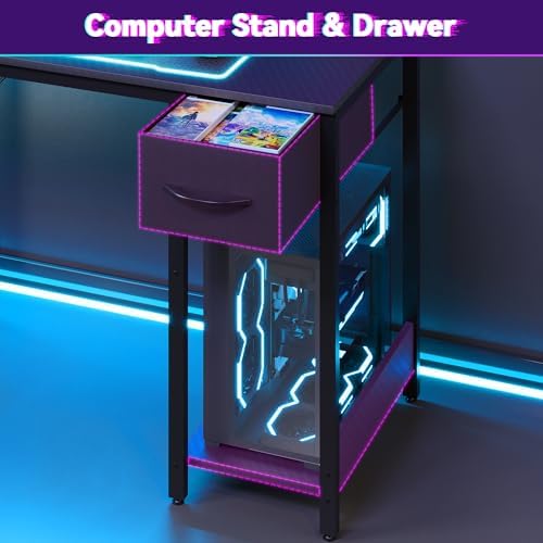 Apicizon L Shaped Gaming Desk 53" with Hutch, LED Light and Drawer - Image 6