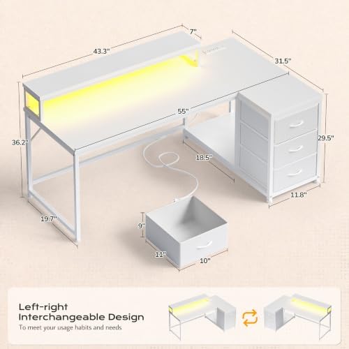 EnHomee 55" White L Shaped Desk with 3 Storage Drawers for Home Office - Image 3