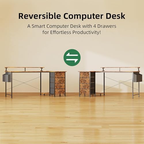 VERMESS 63" Reversible L Shaped Gaming Computer Desk, Corner Desk with Power Outlets & Monitor Stand, Writing Study Table with 4 Storage Drawers, Desk with LED Lights, Rustic Brown - Image 5