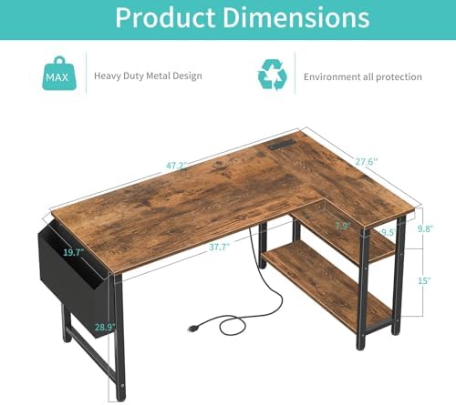 Lufeiya L Shaped Computer Desk with Power Outlet Shelves, 47 Inch Corner Desk for Home Office Bedroom, L-Shaped Study Writing Working PC Desks, Rustic Brown - Image 3
