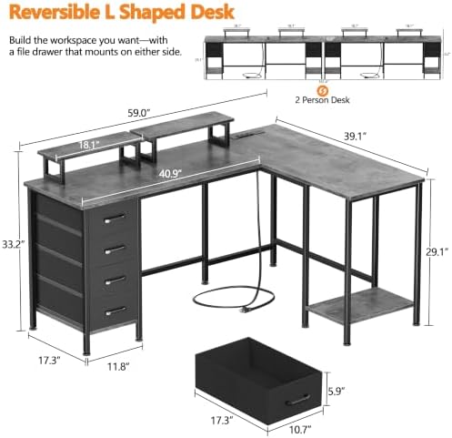 Korfile 59 inch L Shaped Computer Desk with Power Outlets, Home Office Desk with 4 Adjustable Storage Drawers & 2 Monitor Stands, Two Person Gaming Table for Bedroom, Grey - Image 3