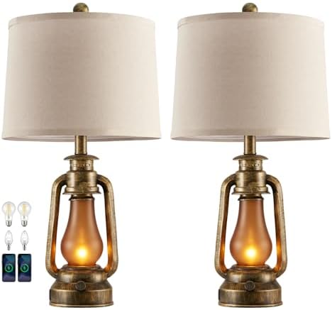 25" Set of 2 Rustic Lantern Table Lamps for Living Room Bedroom, 2 USB Ports Farmhouse Vintage Bedside Desk Lamp Nightlight for Entryway Office End Table, 4 Bulbs Included by RORIANO