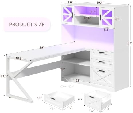59" Farmhouse L Shaped Gaming Desk with Storage Drawers, LED Lights, Outlet - Image 2