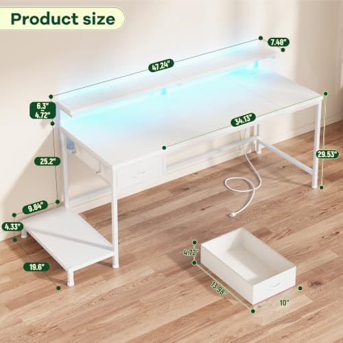 DurayLoly 47.2" Computer Desk with Power Outlet & Fabric Drawer,White - Image 3