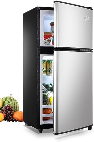 KRIB BLING Mini Fridge With Freezer,3.5 Cu. Ft Compact Refrigerator With 2 Doors,7- Level Adjustable Thermostat, Removable Glass Shelves For Bedroom, Office, Kitchen, Apartment, Dorm, Silver by KRIBBLING