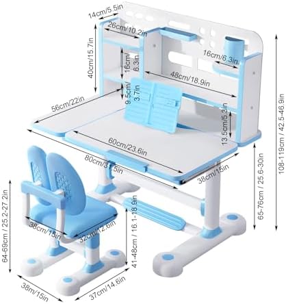 Kids Study Desk and Chair Set, Height Adjustable Children’s Table with Bookshelf & Drawer, 50‑Degree Tiltable Desktop, Ergonomic Chair for Bedroom Blue - Image 2