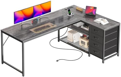 PRAISUN 61" L Shaped Desk with Power Outlets & 4 Drawers by PRAISUN