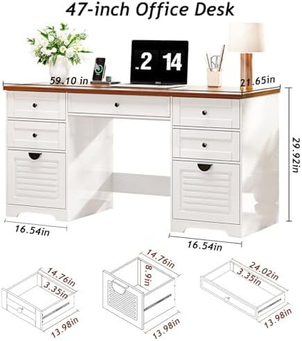 Ieejdn 59" Home Office Desks, Executive Desk, Farmhouse Computer Desk with 7 Drawers and Charging Station, File Drawer, Rustic Computer Writing Desk,Antique Cream - Image 2