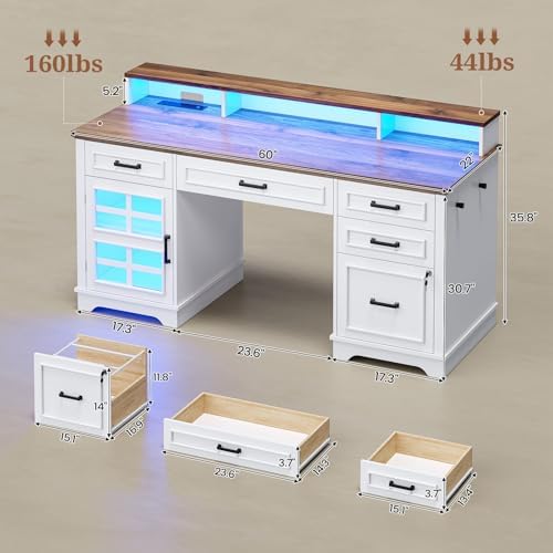 UPOSOJA 60'' Farmhouse Executive Desk with Drawers, Home Office Desk with Power Outlet & LED Light, Wood Computer Desk with Monitor Stand, Locking File Drawer, Glass Storage Cabinet, Hooks, White - Image 2