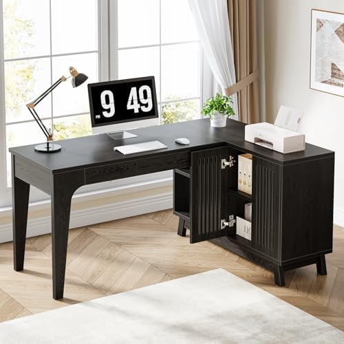 Tribesigns 57-Inch L-Shaped Desk, Office Computer Desk with Storage, Wooden Corner Workstation, Study Writing Table for Home Office (Black) - Image 3