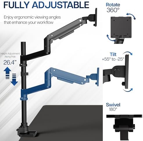 VIVO Pneumatic Arm Single Ultrawide Monitor Extra Tall Desk Mount for Up to 49 inch Screens, Heavy Duty Clamp, Holds Ultra Wides Up to 44 lbs, Black, STAND-V110K - Image 5