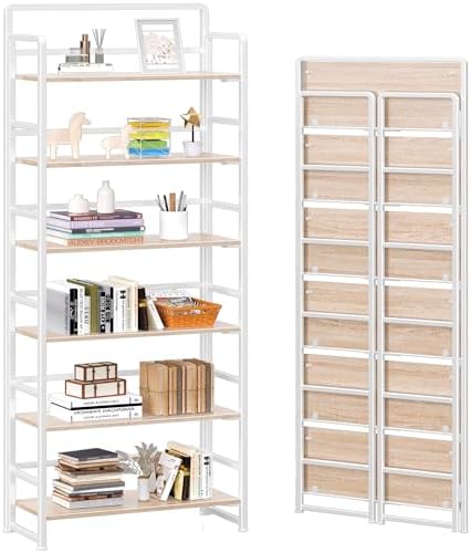 4NM No Assembly 6 Tier Folding Bookshelf Tall Storage Shelves Vintage Bookcase Standing Racks Study Organizer Home Office by 4NM