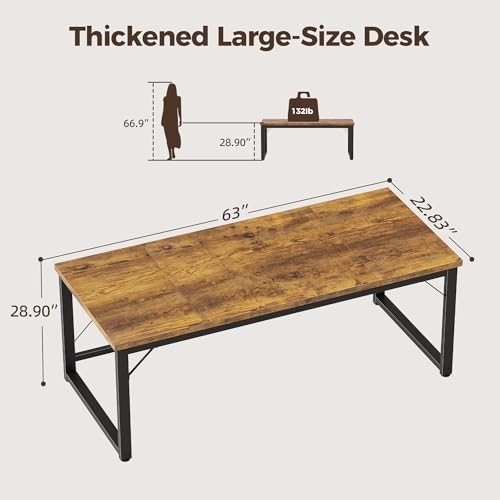 Mericonia 63 Inch Computer Desk, 1" Thick Large Office Table, Brown - Image 2