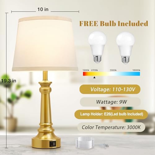 EJIAXIN Touch Lamps for Nightstand Set of 2 - Gold Table Lamp for Bedroom Dimmable Bedside Lamps with USB C+A Ports - Lamps for Night Stands Living Room End Table,2 LED Bulbs Included - Image 5