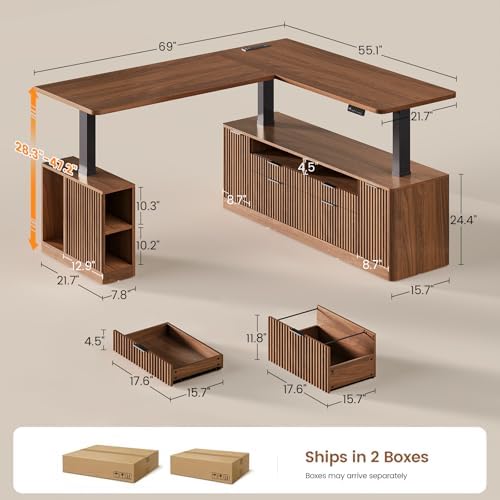 SEDETA Fluted L Shaped Executive Electric Standing Desk with 4 Drawers - Image 2