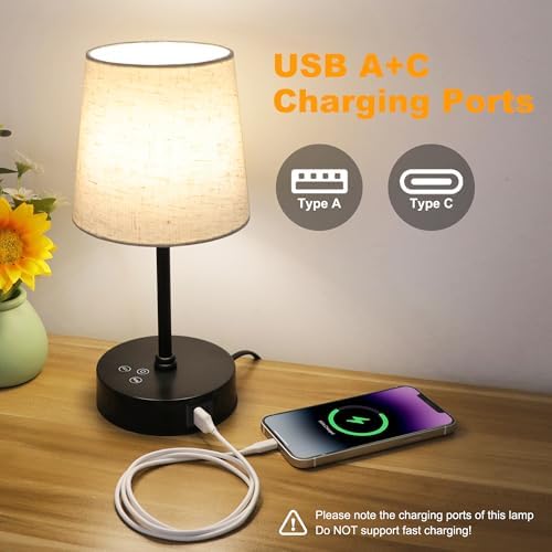 Ascher Small Bedside Table lamp Set of 2, RGB Color Changing Lamps, 3 Color Temperatures, Dimmable Nightstand Lamp with USB C+A Ports, Touch Desk Lamp for Bedroom Living Room, H11.4in(Flaxen Shade) - Image 4