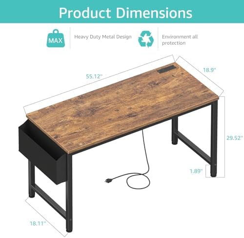Lufeiya Gaming Desk with Power Outlet, 55 inch Teen Study Table Home Office Work Writing Computer Desks with Charging Station Outlets Built in, Brown - Image 3