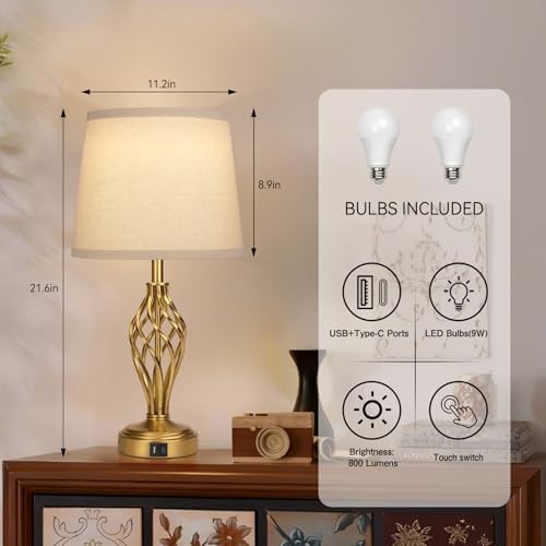 Ruiever Touch Table Lamps Set of 2, nightstand lamp with USB Ports Bedside 3 Way Touch dimmer Desk lamp for Living Room Bedroom,Gold Plated Spiral cage Base Design Warm White dimmer Bulbs Included. - Image 2