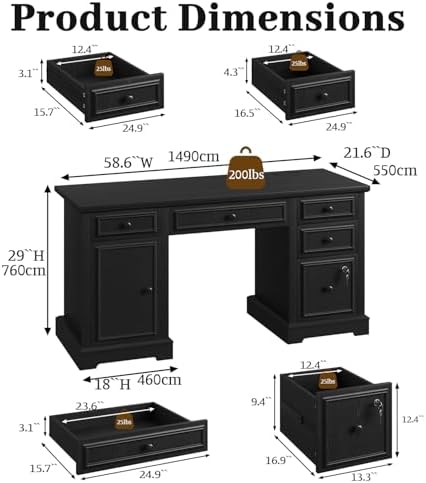 Vipbear 59" Farmhouse Executive Desk with Drawers, Wood Home Office Computer Desk, Featuring Lockable File Drawer, Storage Cabinet & Power Outlet Storage Cabinet for Work Study Writing (Black) - Image 2