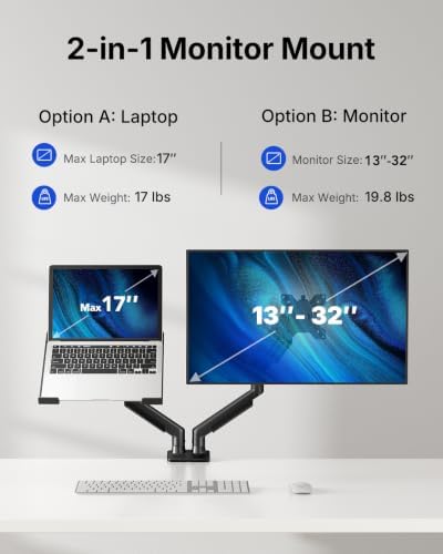HUANUO Dual Monitor Arm with Laptop Tray, 13-32" Monitor, 17" Laptops - Image 2
