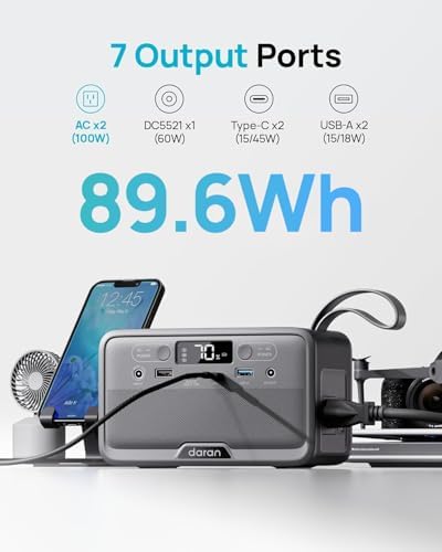 Daran Portable Power Station 89.6Wh LiFePO4 Battery 100W(200W Peak) Solar Power Bank, Portable Charger Small Generator with AC Outlets & PD Fast Charging for Home/Laptop/Camping(Solar Panel Optional) - Image 2