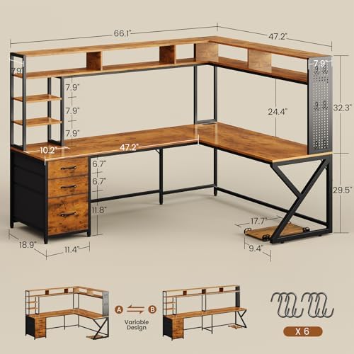 SEDETA L Shaped Computer Desk with Hutch, 3 Drawers, Shelves - Image 2