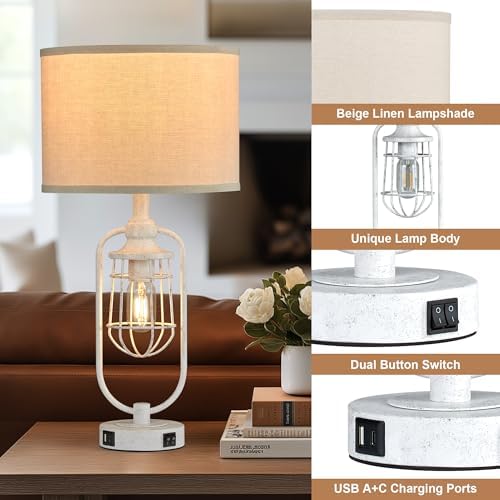 24" Antique Farmhouse Table Lamps Set of 2 for Living Room, USB A+C - Image 5