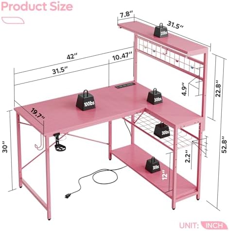 Bestier 42" L Gaming Desk with Power Outlets LED Lights, Carbon Fiber Pink - Image 2