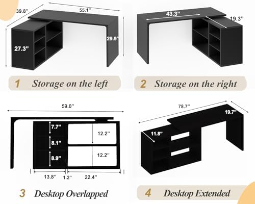 HSH Black L Shaped Computer Desk, Wood Corner Desk with Storage, 55 Inch - Image 2