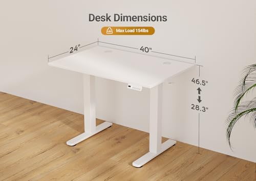 Seang Electric Standing Desk Adjustable Height, 40 x 24 Inch Sit Stand Desk with T-Shaped Frame, 3 Memory Presets & Cable Management for Home Office Computer Workstation, White Frame/White Top - Image 3