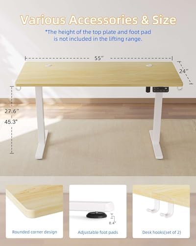 YIHAYO Electric Standing Desk, 55 x 24 Inches Stand Up Desk with Splice Board, Adjustable Height Desk, Computer Desk for Home Office, White Frame/Natural Top - Image 3
