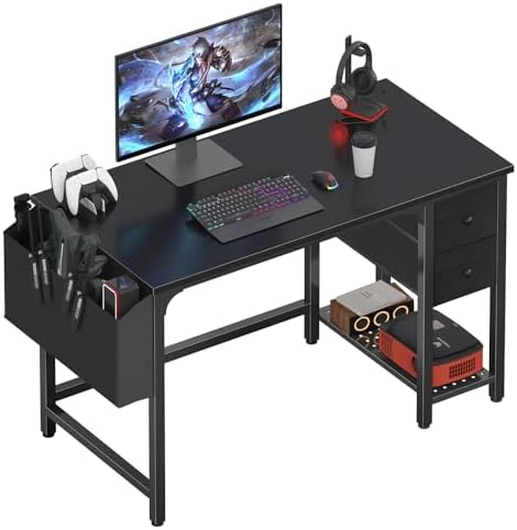 Lufeiya Computer Desk with Fabric Drawers, 40 Inch Reversible Gaming Desk for Small Space Home Office, Modern Simple Study Writing Table PC Desks for Bedroom, Black by LUFEIYA