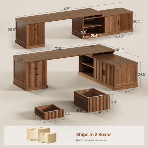 SEDETA Fluted 70.9" L Shaped Desk with Drawers and Storage Cabinet, Brown - Image 2