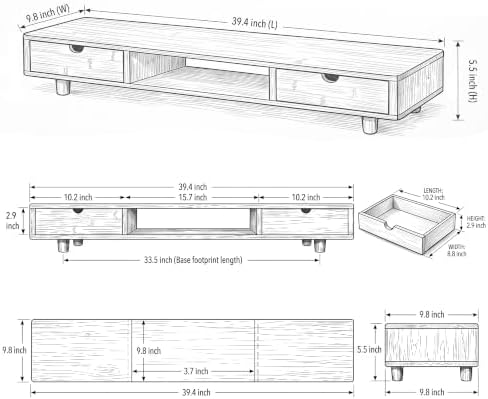 Bamboo Dual Monitor Stand, Natural Desk Shelf with 2 Drawers - Image 6