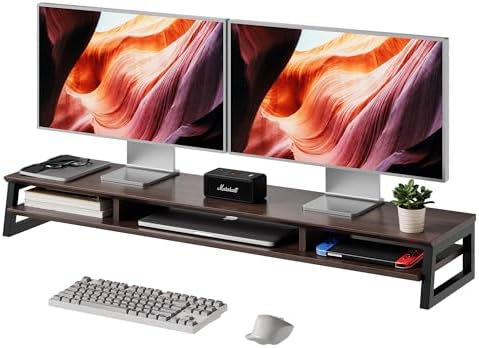 Dual Monitor Stand Riser for Desk, 41.7 Inch Large 2 Tier Computer Monitor Stand for 2 Monitors, Desktop Storage Organizer Shelf with Keyboard Space for Laptop PC Printer Brown by Unknown