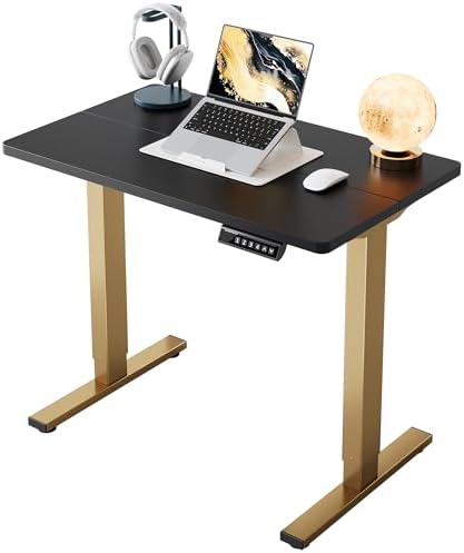 HUANUO 32" Small Electric Standing Desk Adjustable Height, 4 Memory Height Settings, Sit Stand Up Desk for Home Office & Computer Workstation, Black and Gold Frame by HUANUO