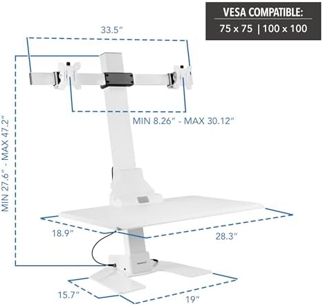 Mount-It! Electric Standing Desk Converter, Motorized Sit Stand Desk Riser with Dual Monitor Mounts, Adjustable Height Ergonomic Workstation with 28” Wide Platform and Tablet/Phone Slot, White - Image 3