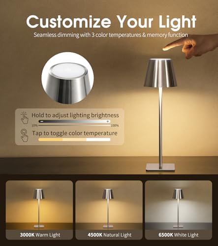 UME Cordless Table Lamp, Battery Operated Lamp - Portable Waterproof Rechargeable Table Lamp w/ 3 Color Temps & Stepless Dimming for Dinner, Desk, Cafe, Outdoor (Brushed Silver) - Image 3