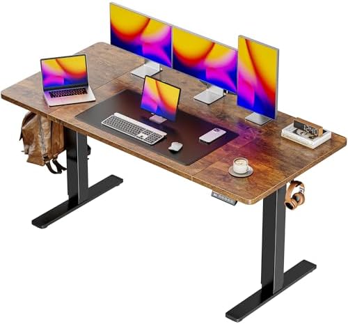 Huuger 55 x 28 Large Electric Standing Desk, Height Adjustable Computer Desk, 27.6" Deep Desktop, Stand up Gaming Office Desk with 2 Hooks, 3 Preset Heights, for Home Office, Rustic Brown by Huuger