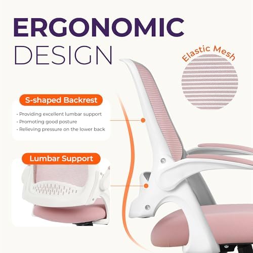 NEO CHAIR Office Desk Chair, Ergonomic Mesh with Flip-Up Armrests, Pink - Image 3