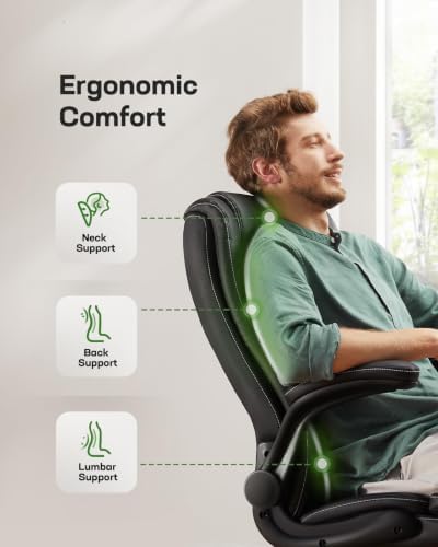 Marsail Executive Office Chair Ergonomic Desk Chair with Flip-up Armrests PU Leather Height-Adjustable Swivel Rolling Dark,Pack of 2 - Image 4