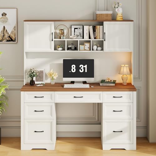 Vabches Farmhouse Executive Desk with 7 Drawers and Storage Cabinet, Rustic Large Home Writing Desk with Hutch, Workstation for Bedroom, White - Image 3