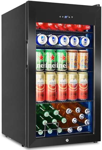 FoMup Beverage Refrigerator 126 Can, Mini Beverage Fridge Small Beverage Cooler with Glass Door Safety Lock, Drink Fridge for Beer Soda Wine, Perfect for Dorm Office Hotel by FoMup