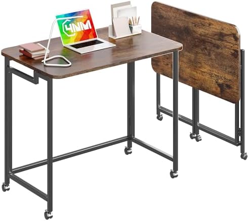 4NM 27.5" Mobile Small Rolling Computer Desk, Folding Laptop Cart Table with Wheels, Portable Office Desk for Small Space Couch Bed - Rustic Brown and Black by 4NM