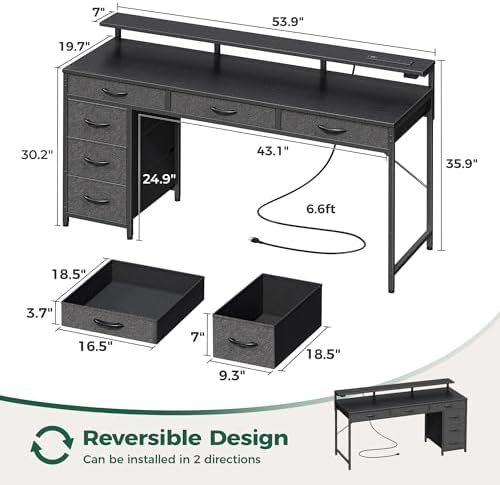 Huuger Gaming Desk with 6 Drawers, Computer Desk with LED Lights Power Outlets and Type-C, 55 Inch Office Desk with Storage, Monitor Stand, Writing Desk Work Desk Home Office, Bedroom, Black, 1CD102B - Image 3