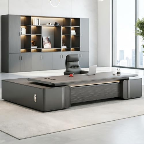Executive Office Desk with Storage Cabinet,Modern l Shaped Executive Desk,50MM Thick Desktop for CEO Office, Reception & Commercial Workspace by Unknown