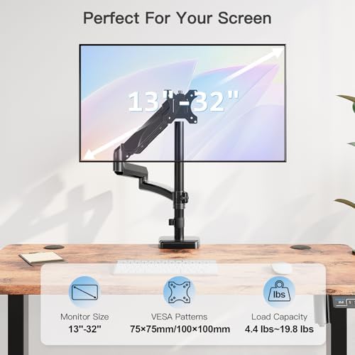 MOUNTUP 27 inch Extra Long Monitor Arm, Single Desk Mount for 22-32 inch, Tall Monitor Stand Holds 4.4-19.8lbs, Height Adjustable Monitors Stand for Desk with C-Clamp/Grommet Base, Black - Image 3
