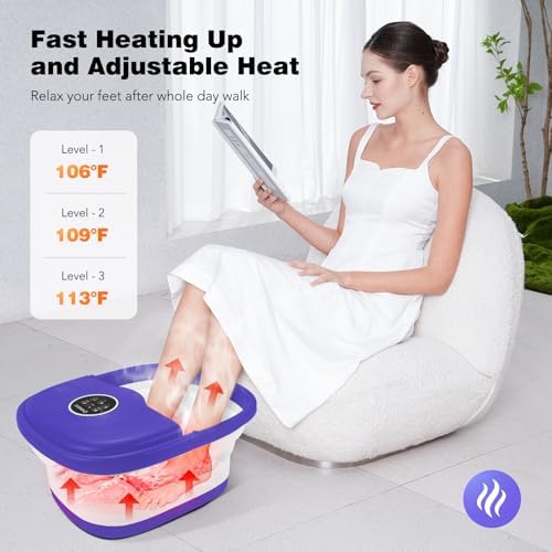 KNQZE Collapsible Foot Spa Bath with Heat & Bubble, Foot Soaking Tub with Timer and Red Light, 16 Rollers & Pumice Stone, Enjoy Warm Water Foot Bath, Gift for Wife and Mom, Purple - Image 2